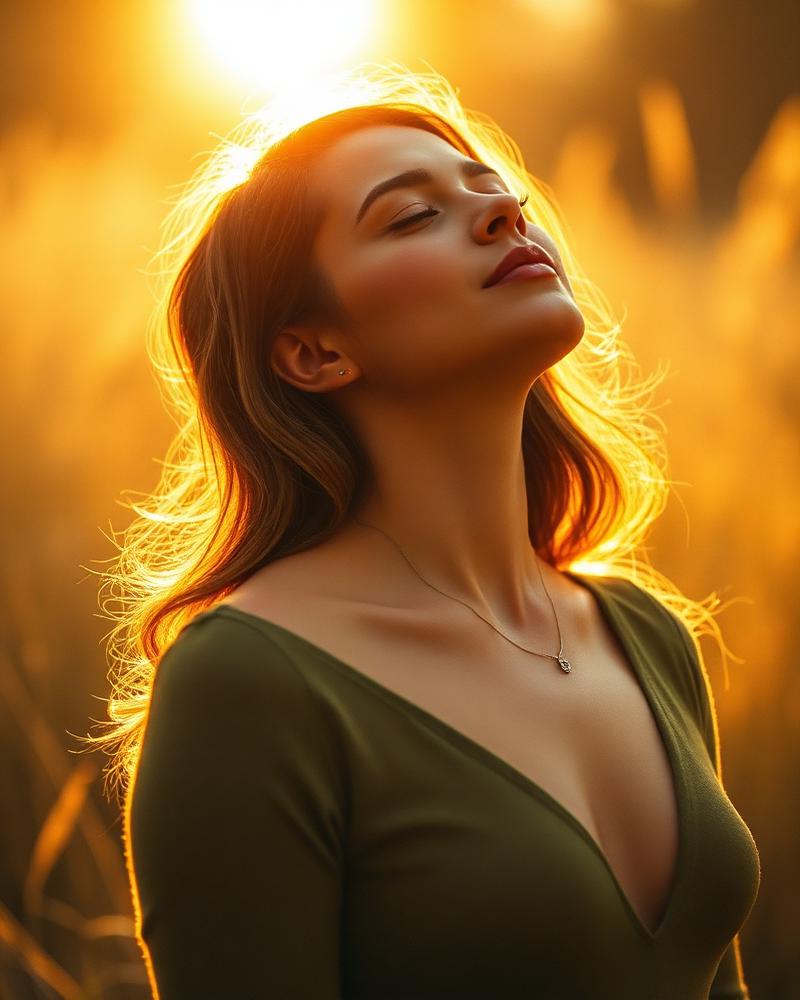 A woman standing in golden light, at ease