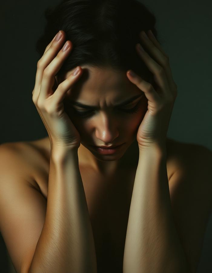 A woman holding her head, tense