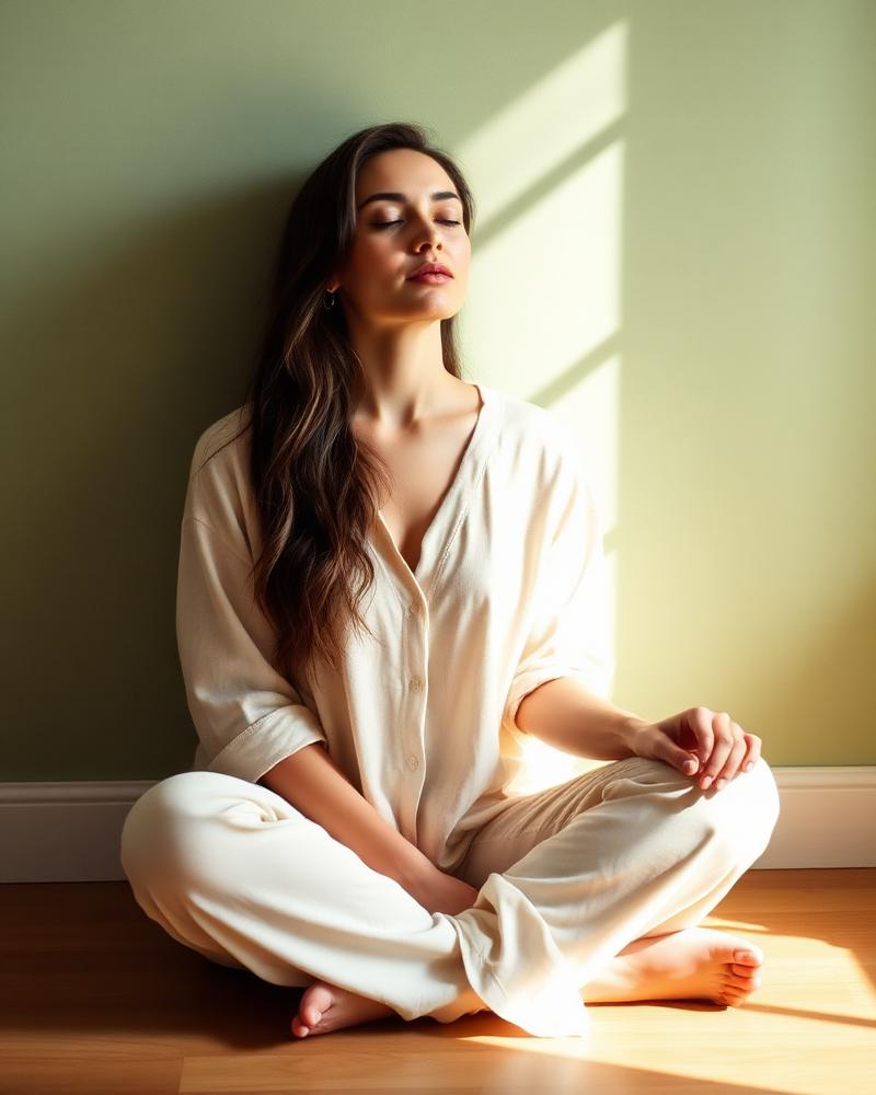 A woman sitting calmly on the floor in soft light