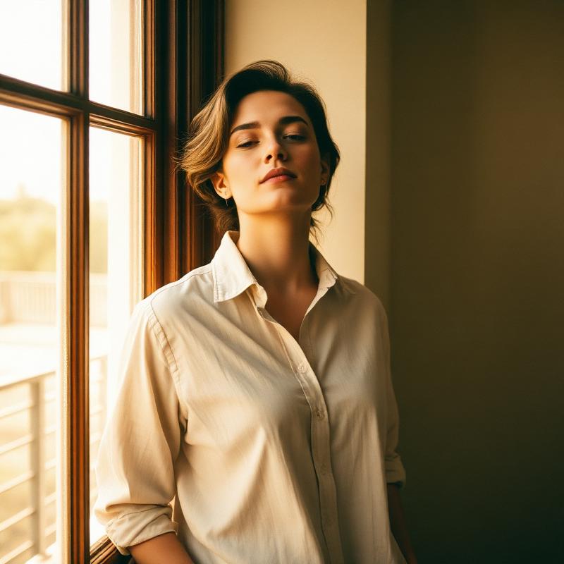 A woman standing calmly by a sunlit window