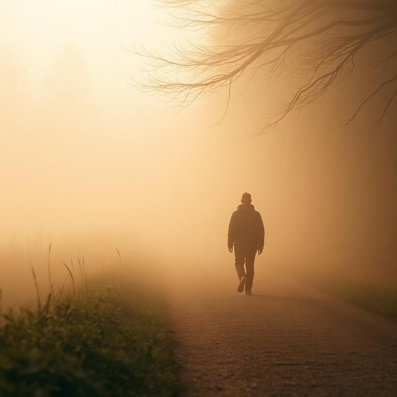 A person walking through soft morning mist