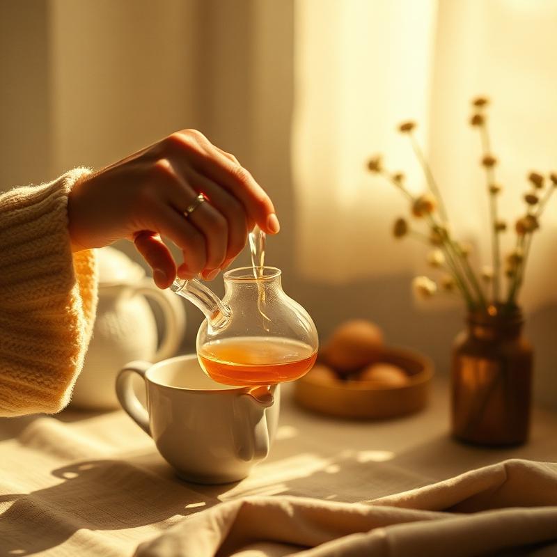 Hands pouring tea in warm morning light