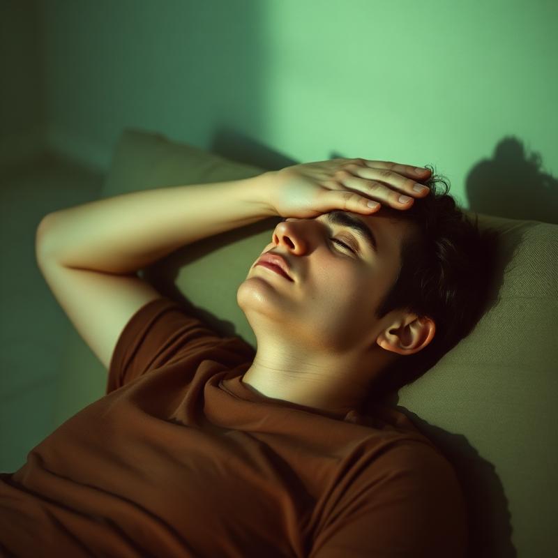 A person lying back with an arm over their eyes