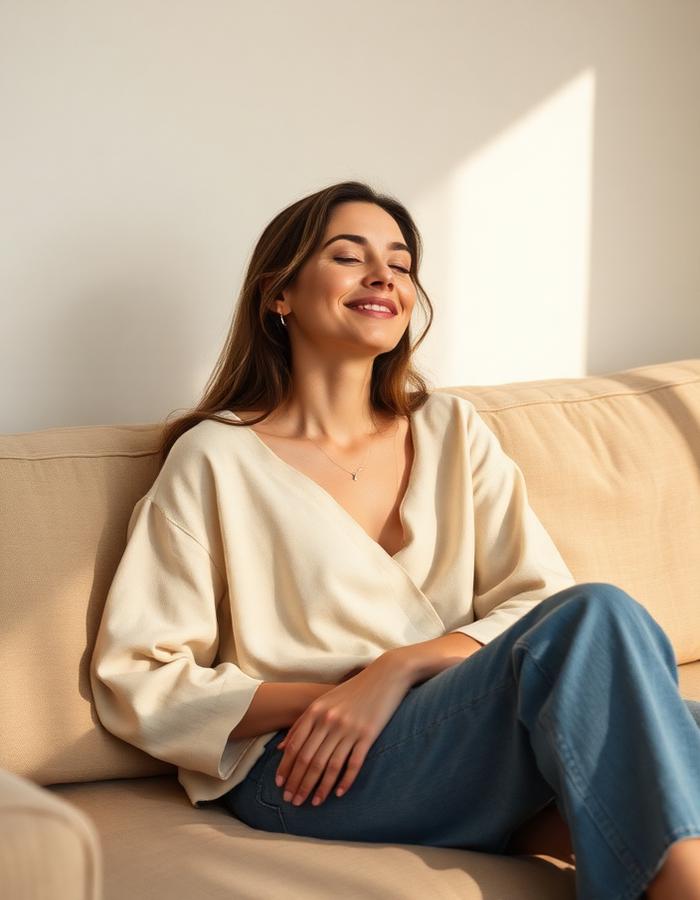 A woman resting on a sofa with her eyes closed