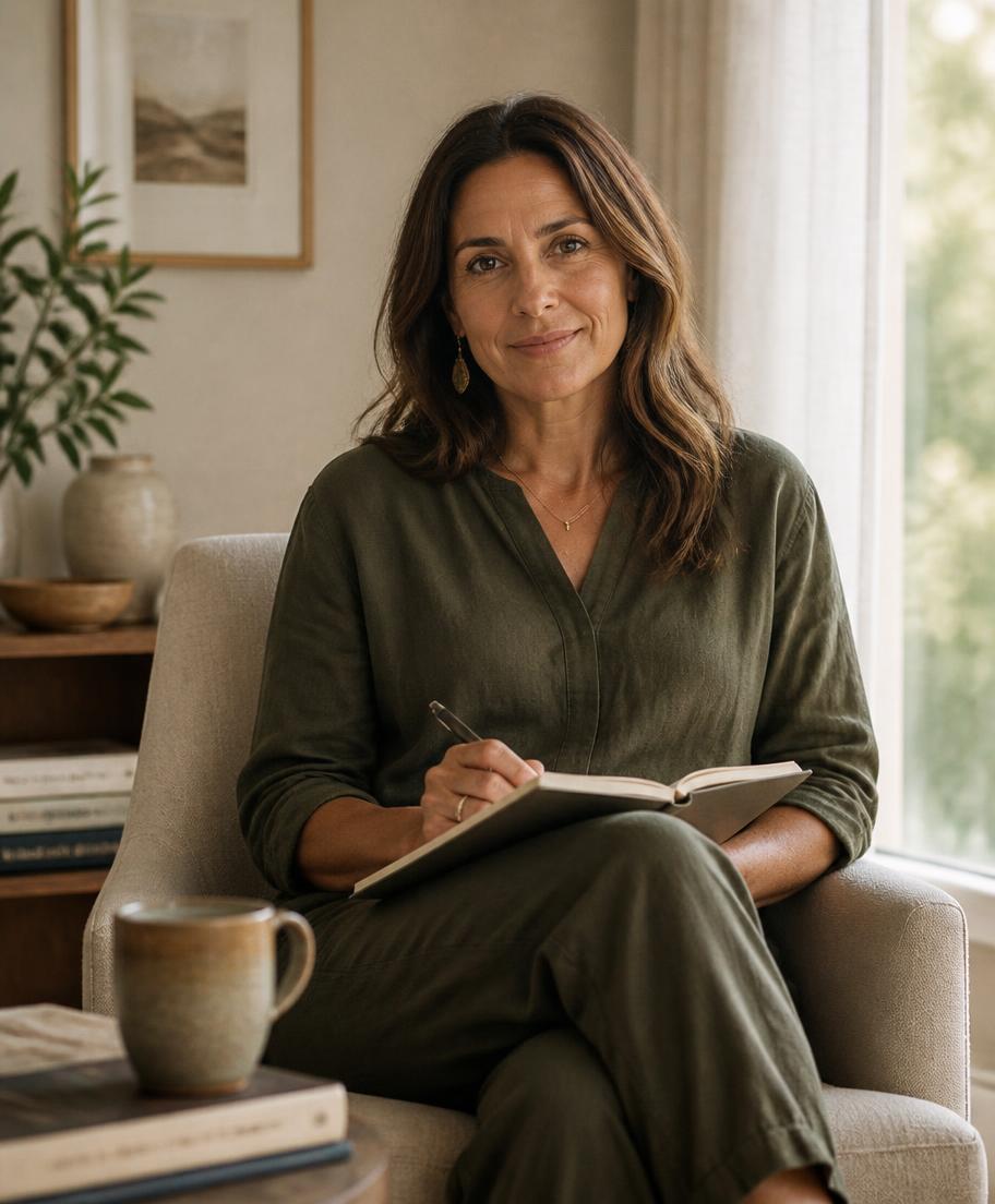 Lina Ralph, hypnotherapist, seated in her practice room