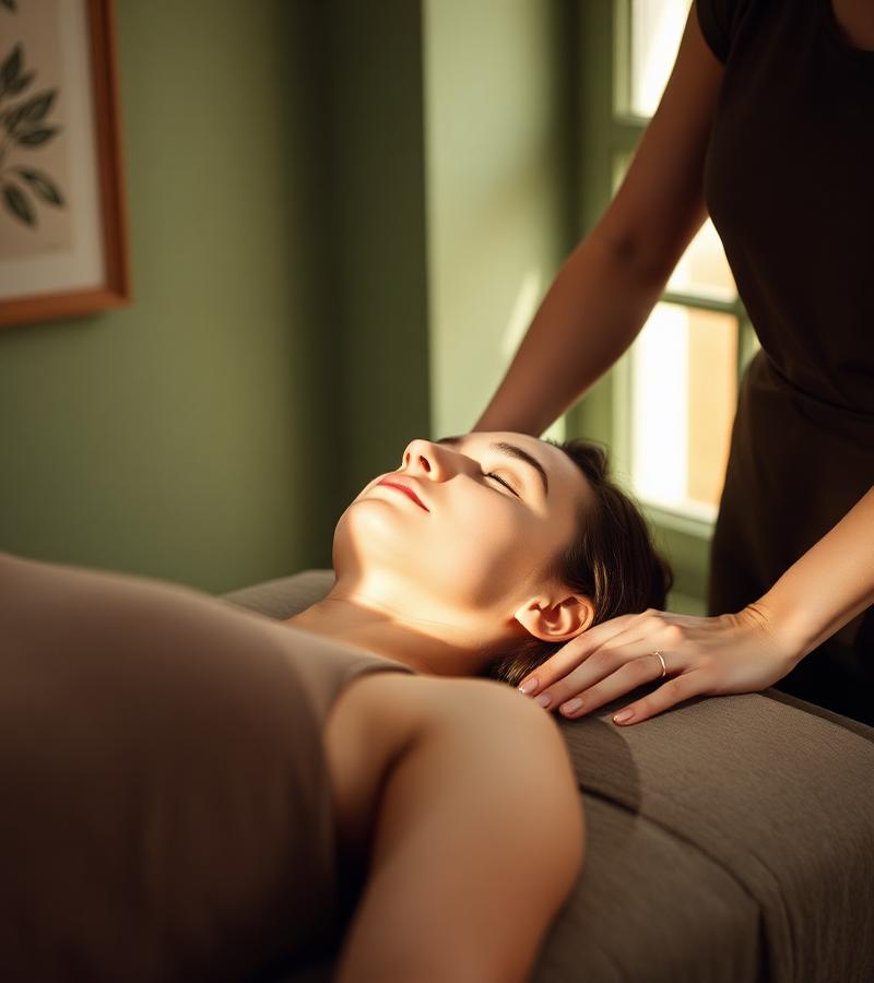 A woman lying down with her eyes closed as a therapist rests a hand on her shoulder