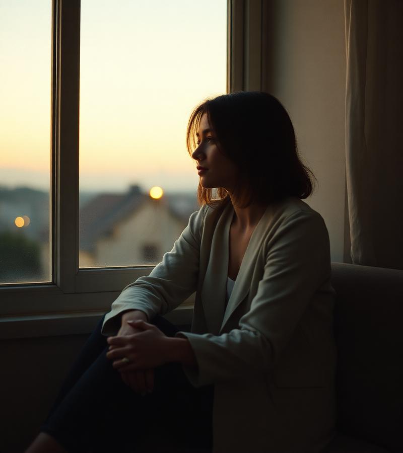 A woman sitting by a window at dusk